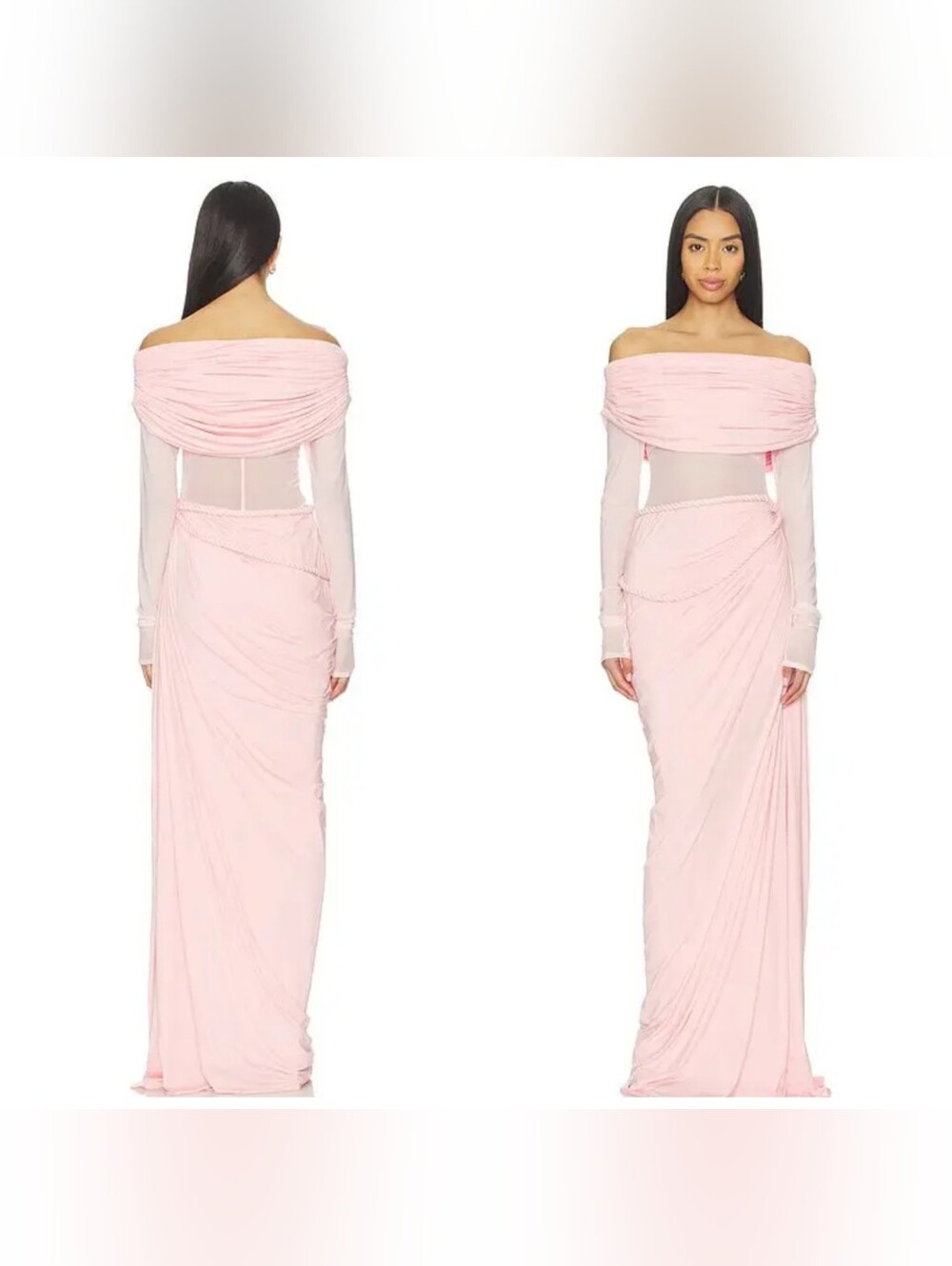 NWT Deme by Gabriella Bella Dress Pink Mesh Ruched Off Shoulder Maxi Gown Size M